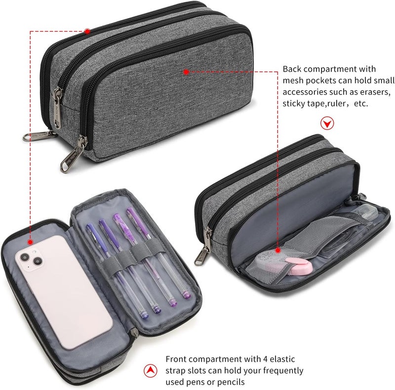 Della Gao Big Capacity Pencil Case, Aesthetic Pencil Pouch with 3 Compartments Large Pencil Bag Nylon Storage Pen Bag Office Stationery Organizer for Women and Men - Grey - Image 3